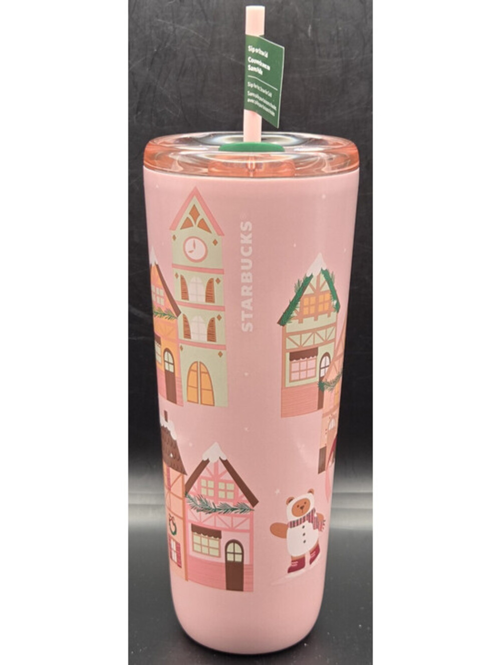 Starbucks 2025 Pink Snow Village Tumbler 24oz Holiday Bear Sip/Straw Cup NEW